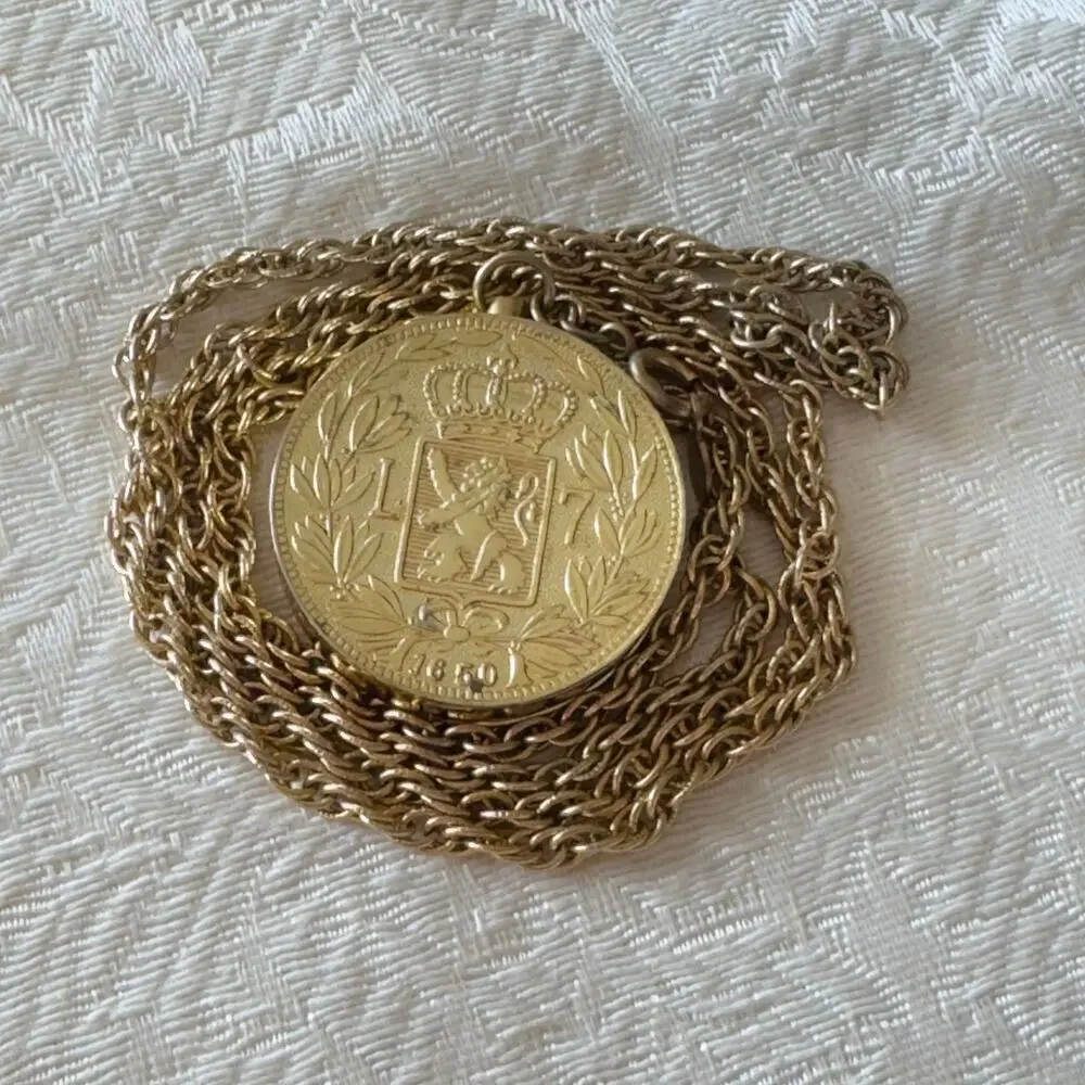 32” Vintage Faux Gold Coin Pendant Necklace Napoleon, Marie Louise & Francis II
